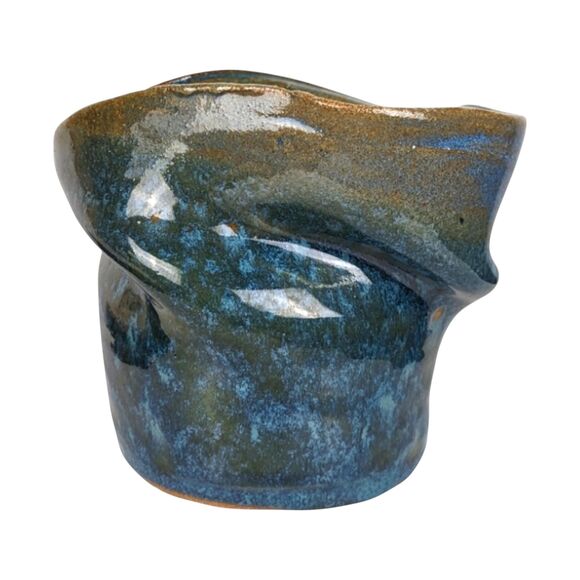 Handmade Blue Pottery Vase: Asymmetrical Ceramic Art, Signed - Picture 3 of 7